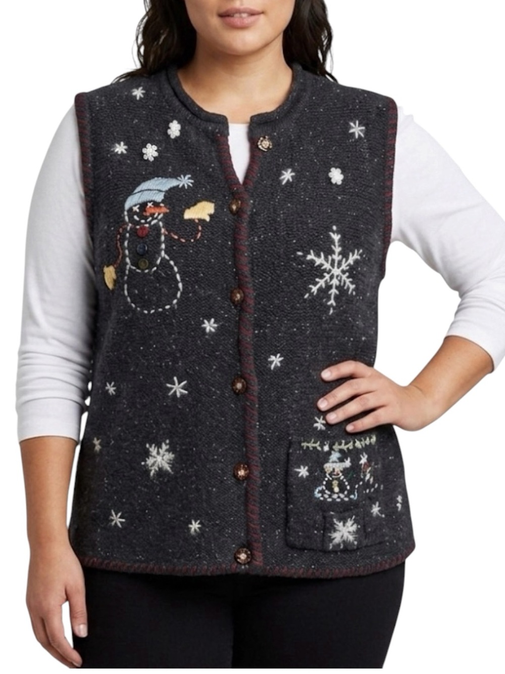 Women’s Vintage Winter Wool Snowman Sweater Vest Button Front Snowflake Holiday